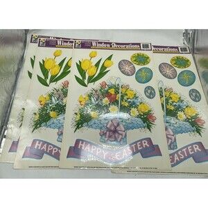Vintage Lot of 4 Easter Egg Flower Basket Window  Clings Vinyl Decoration